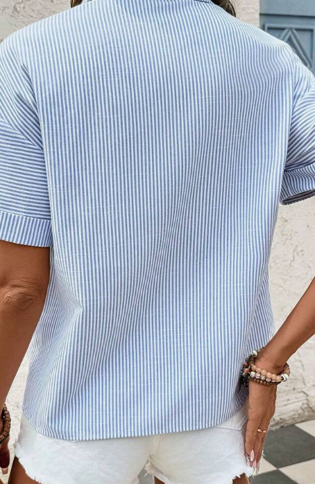 Women's Basic Striped Short Sleeve Cotton Shirt, Summer