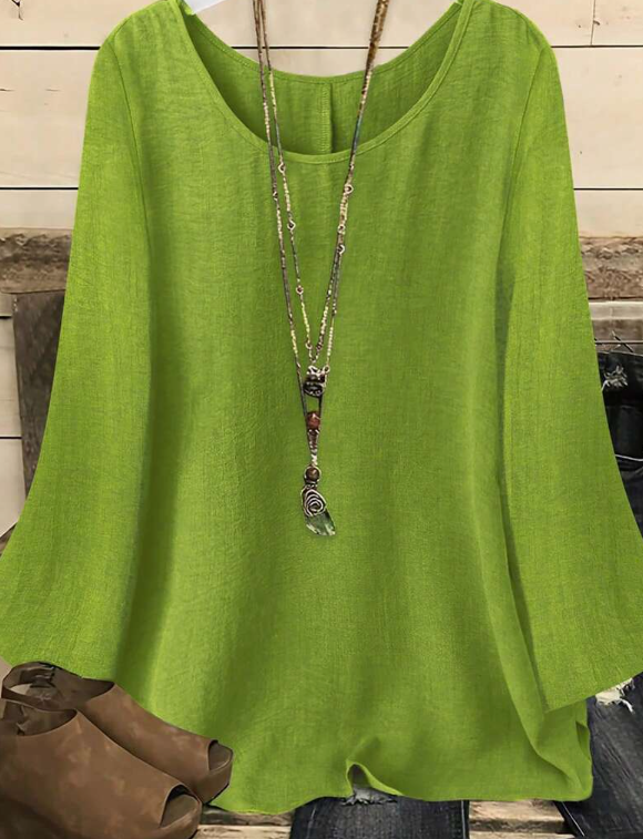 YFY Women's Casual Western Style Solid Color Round Neck Long Sleeve Flared Cuff Shirt
